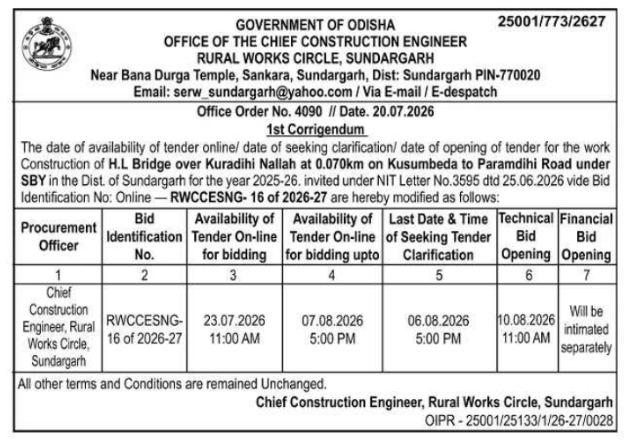 1st Corrigendum: Bridge Construction Tender Schedule Revision
