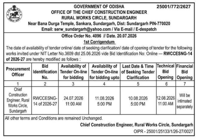 1st Corrigendum: Rural Works Circle Tender Schedule Update