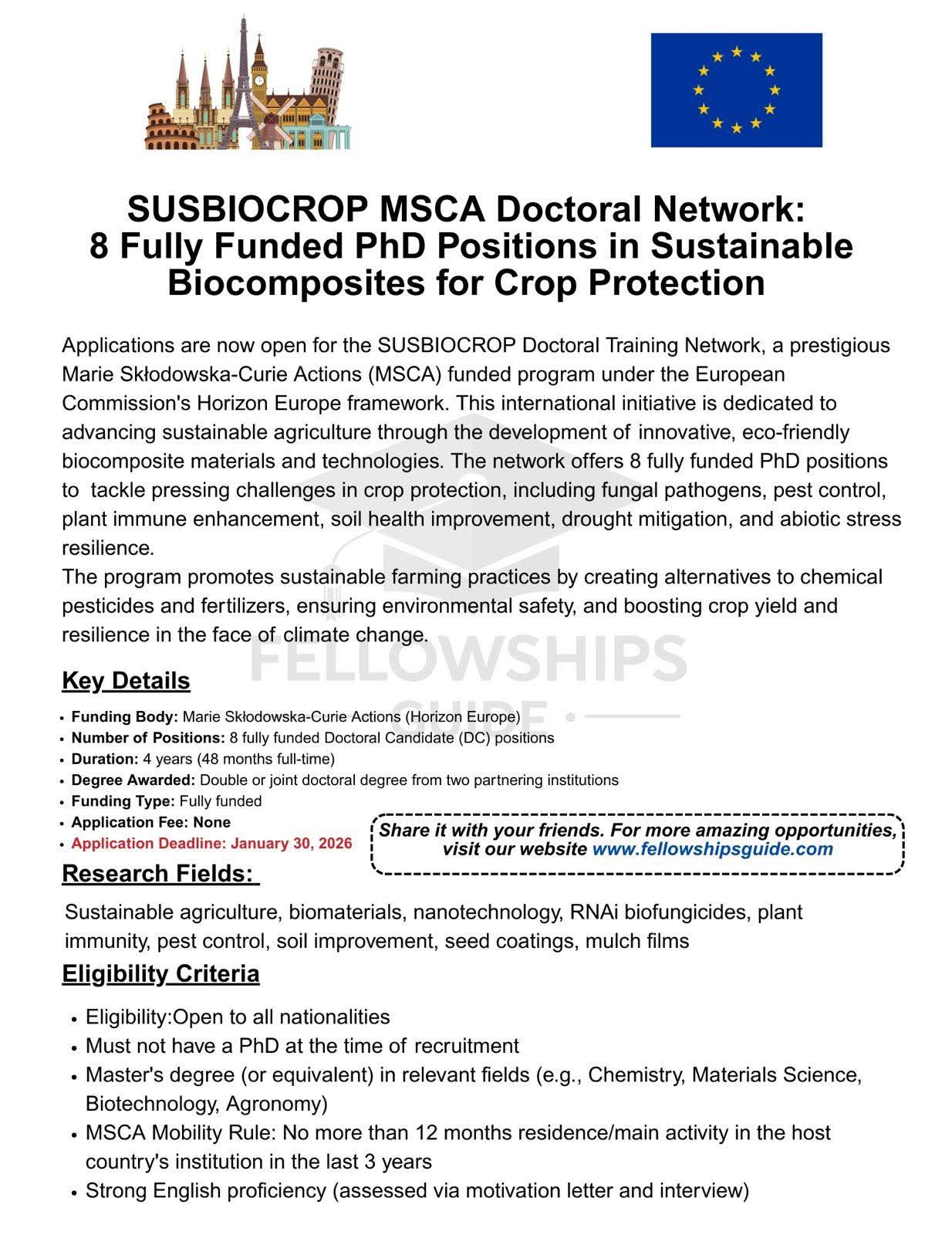8 Fully Funded PhD Positions in SUSBIOCROP MSCA Network