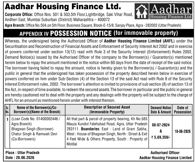 Aadhar Housing Finance Agra Possession Notice