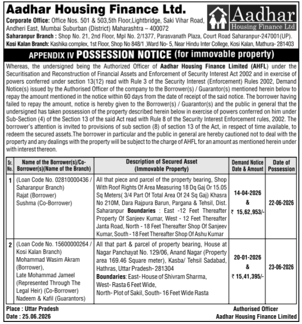 Aadhar Housing Finance Possession Notice: Immovable Properties in Saharanpur & Mathura