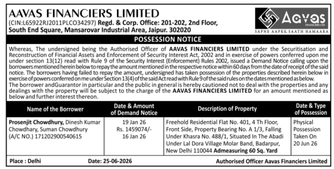 Aavas Financiers Possession Notice: Residential Property in Badarpur, New Delhi