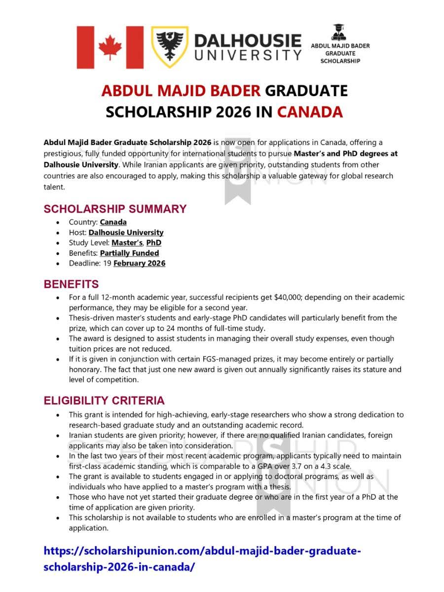 Abdul Majid Bader Graduate Scholarship 2026 In Canada