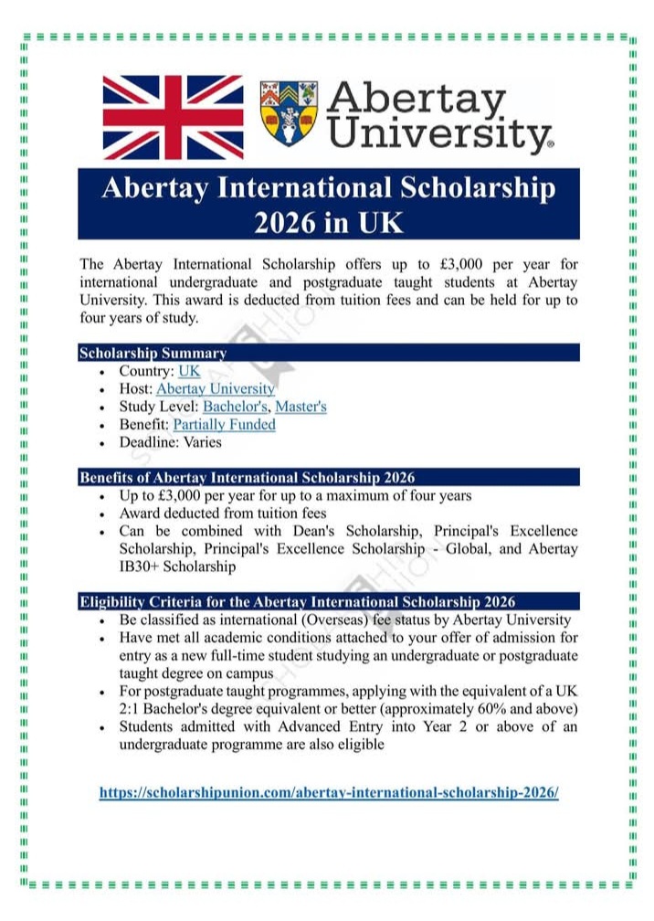 Abertay International Scholarship 2026 in UK