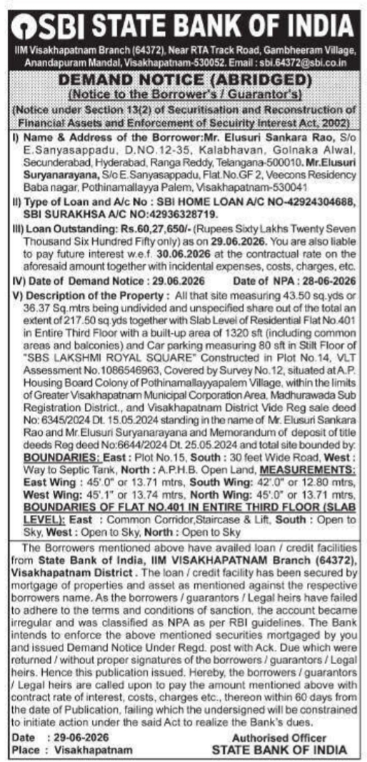 Abridged Demand Notice by State Bank of India