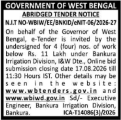 Abridged Tender Notice for Bankura Irrigation Infrastructure Projects