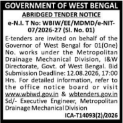 Abridged Tender Notice for Metropolitan Drainage Mechanical Works