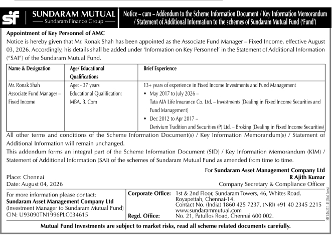 Addendum for Key AMC Personnel Appointment at Sundaram Mutual Fund