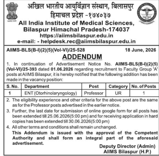 Addendum Notice: Faculty Recruitment AIIMS Bilaspur