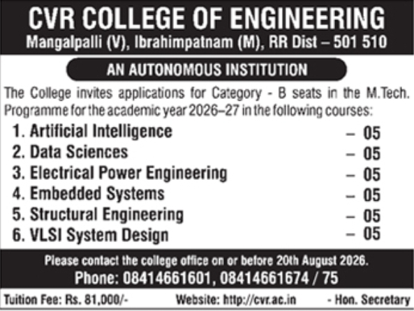 Admission Applications for Category-B M.Tech Seats at CVR College