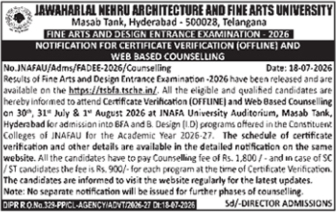 Admission Counselling: JNAFAU Fine Arts and Design (FADEE) 2026