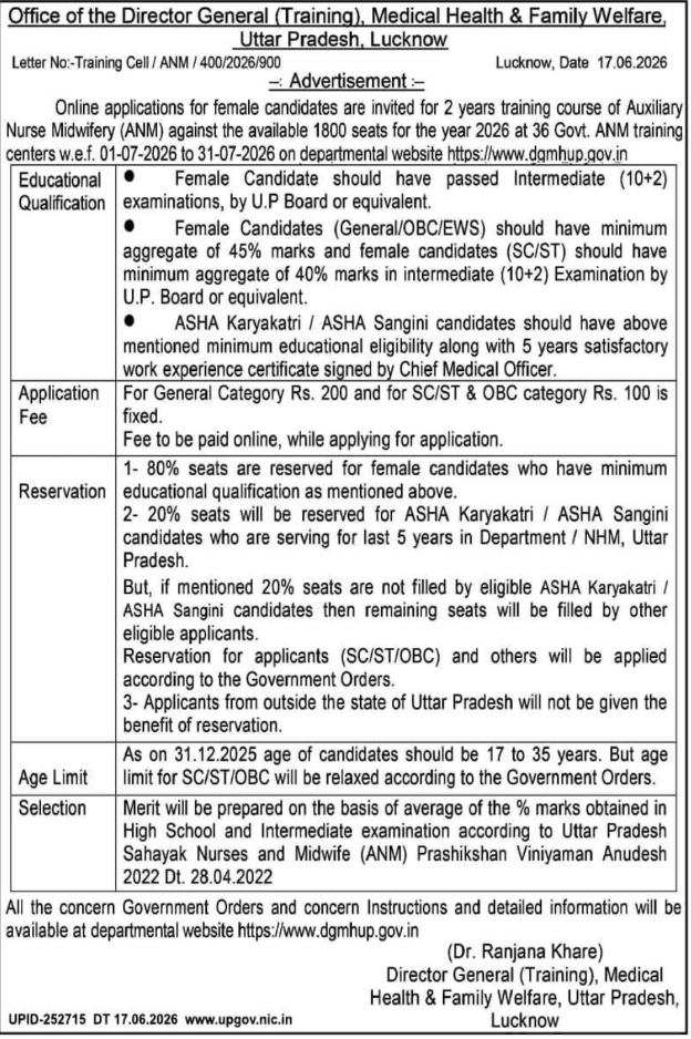 Admission Notice: ANM Training Course DGMHUP Lucknow