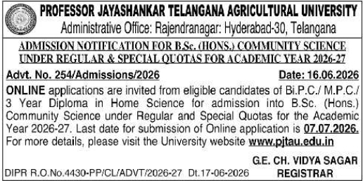 Admission Notice: B.Sc. Community Science PJTAU