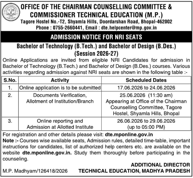 Admission Notice: B.Tech. and B.Des. NRI Seats Counseling at DTE Madhya Pradesh