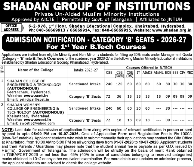 Admission Notice: B.Tech Courses (2026-27) at Shadan Group, Hyderabad