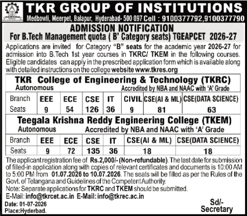 Admission Notice: B.Tech Management Quota (2026-27) at TKR Group of Institutions, Hyderabad