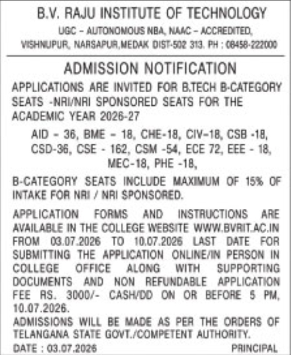 Admission Notice: B.Tech Management Quota at B.V. Raju Institute of Technology