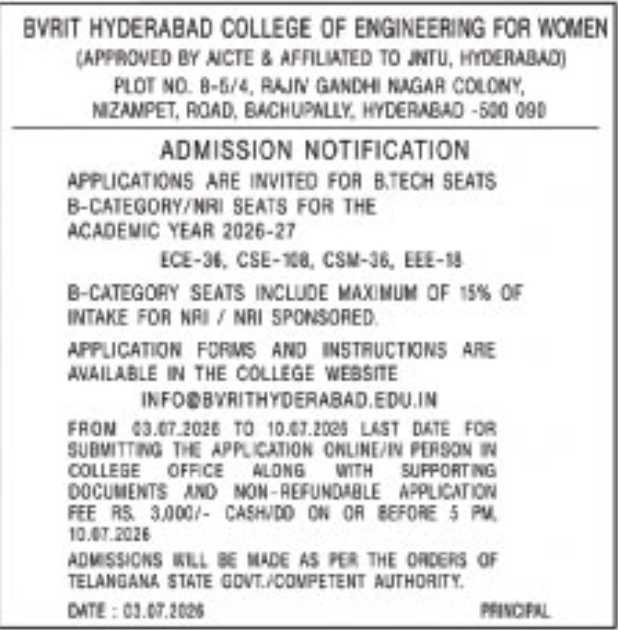 Admission Notice: B.Tech Management Quota at BVRIT Hyderabad