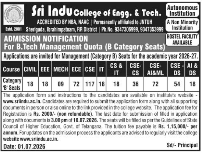 Admission Notice: B.Tech Management Quota at Sri Indu College
