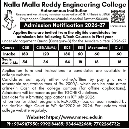 Admission Notice: Category-B Seats (2026-27) at Nalla Malla Reddy Engineering College, Ghatkesar