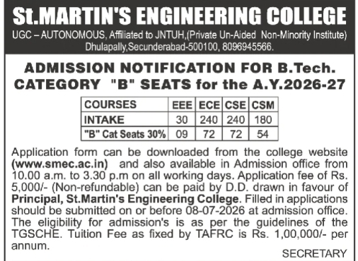 Admission Notice: Category "B" Seats (2026-27) at St. Martin's Engineering College, Secunderabad