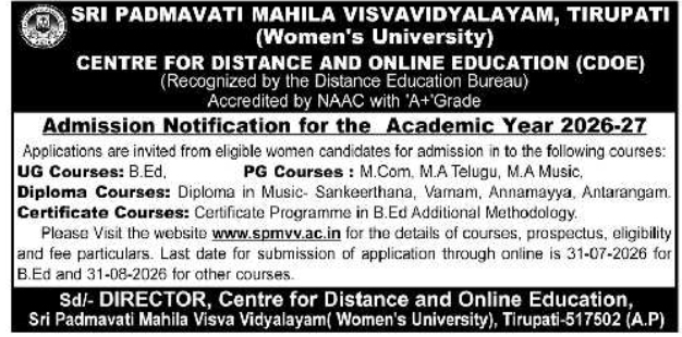 Admission Notice: Distance and Online Education Courses (2026-27) at SPMVV, Tirupati