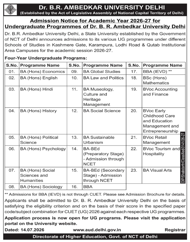 Admission Notice: Dr. B.R. Ambedkar University Delhi UG Programmes