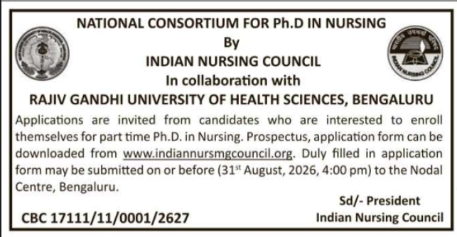 Admission Notice: Enrollment for Part Time Ph.D. in Nursing Programme