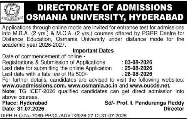Admission Notice for Distance MBA & MCA Courses at Osmania University