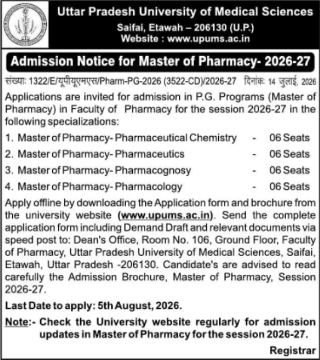 Admission Notice for Master of Pharmacy- 2026-27