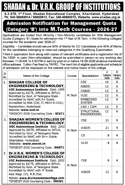Admission Notice for M.Tech Management Quota Category B by Shadan Group