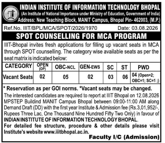 Admission Notice for Vacant MCA Program Seats Spot Counselling