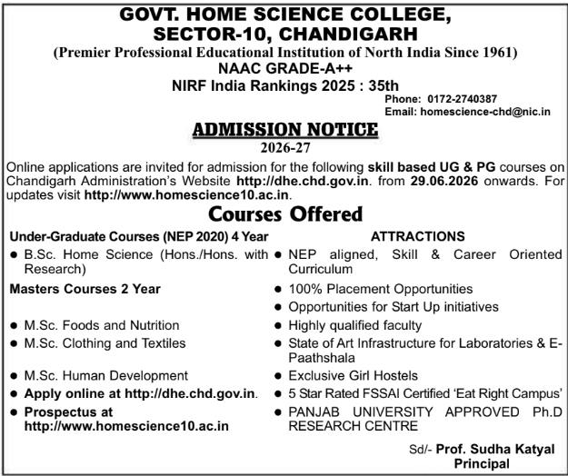 Admission Notice: Govt Home Science College UG and PG Skill Based Courses