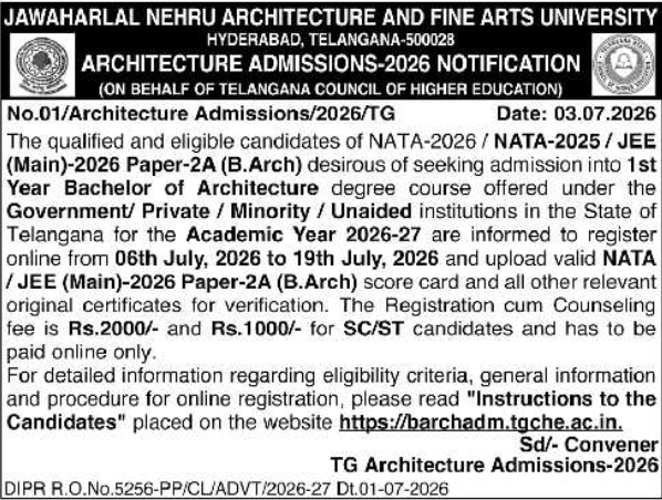 Admission Notice: JNAFAU B.Arch Admissions