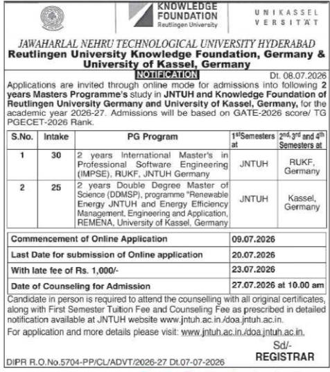 Admission Notice: JNTUH & German Joint Master's Programs 2026-27