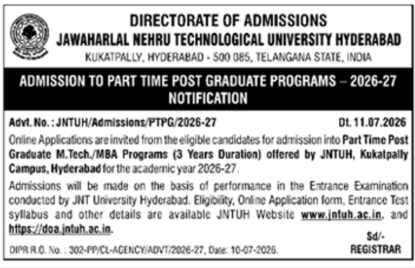Admission Notice: JNTUH Part-Time Post Graduate Programs