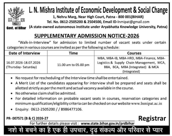 Admission Notice: L. N. Mishra Institute Supplementary Selection
