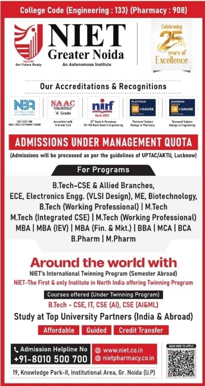 Admission Notice: Management Quota Admissions by NIET, Greater Noida