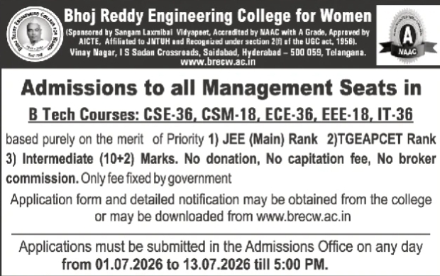 Admission Notice: Management Seats (2026-27) at Bhoj Reddy Engineering College for Women, Hyderabad