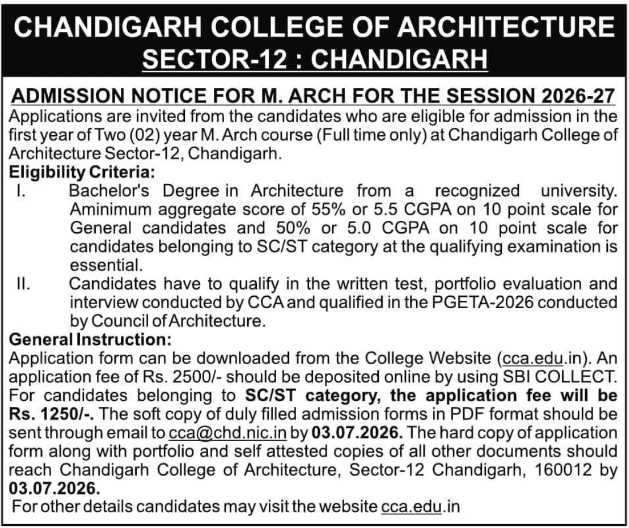 Admission Notice: M.Arch Program Chandigarh College of Architecture