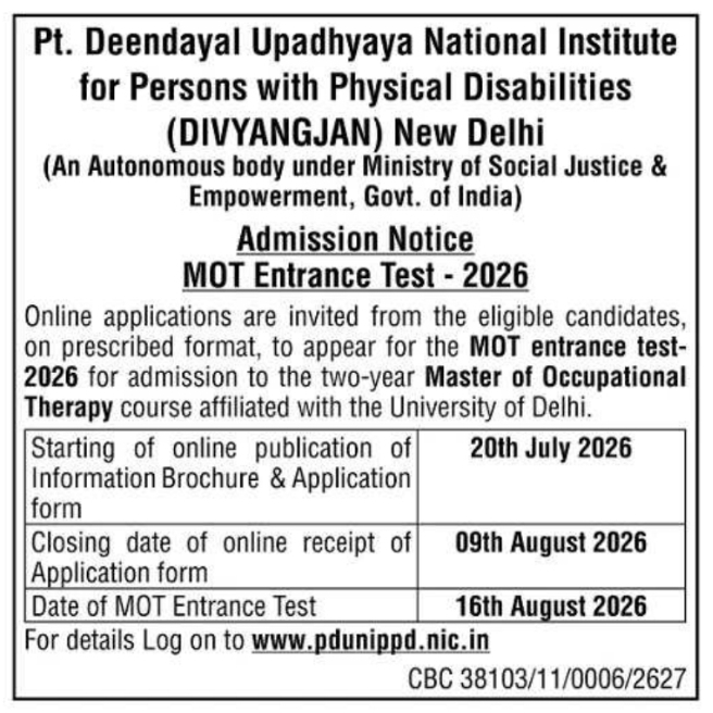 Admission Notice: Master of Occupational Therapy (MOT) Entrance Test