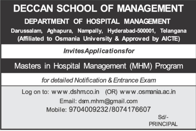 Admission Notice: Masters in Hospital Management at Deccan School of Management