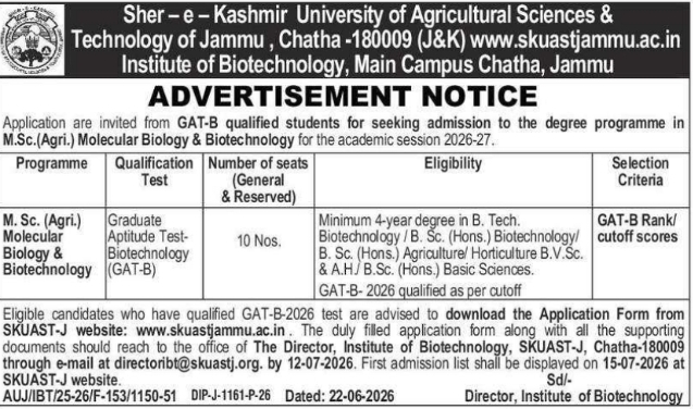 Admission Notice: M.Sc. Biotechnology Programme by SKUAST-Jammu