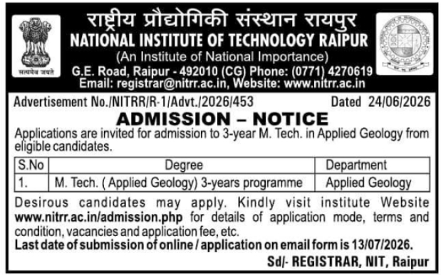 Admission Notice: M.Tech in Applied Geology by NIT Raipur