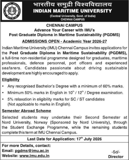 Admission Notice: PGDMS Programme by Indian Maritime University