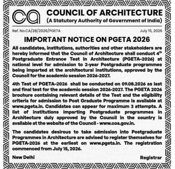 Admission Notice: PGETA 2026 at Council of Architecture