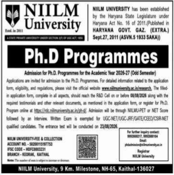 Admission Notice: Ph.D Programmes 2026-27 (NIILM University)