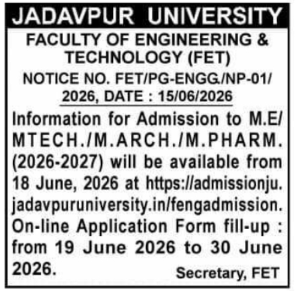 Admission Notice: Postgraduate Programs Jadavpur University