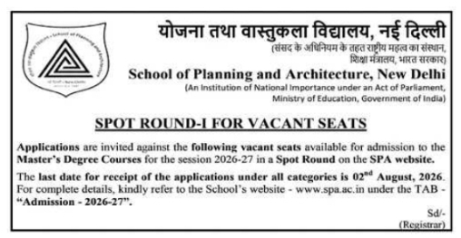 Admission Notice: Spot Round-I For Vacant Seats