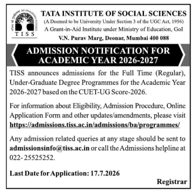 Admission Notice: TISS UG Programmes 2026-2027